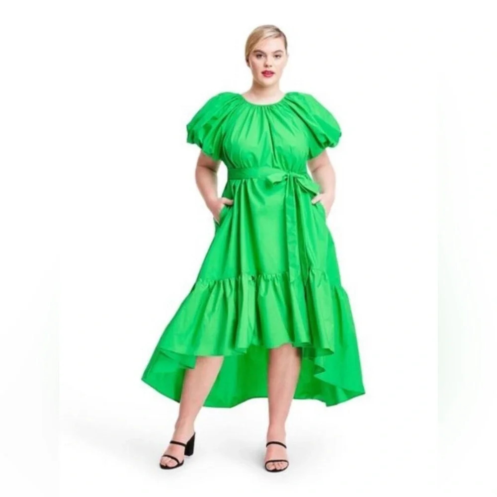Christopher John Rogers x Target Green Puff Sleeve High-Low Ruffle Dress